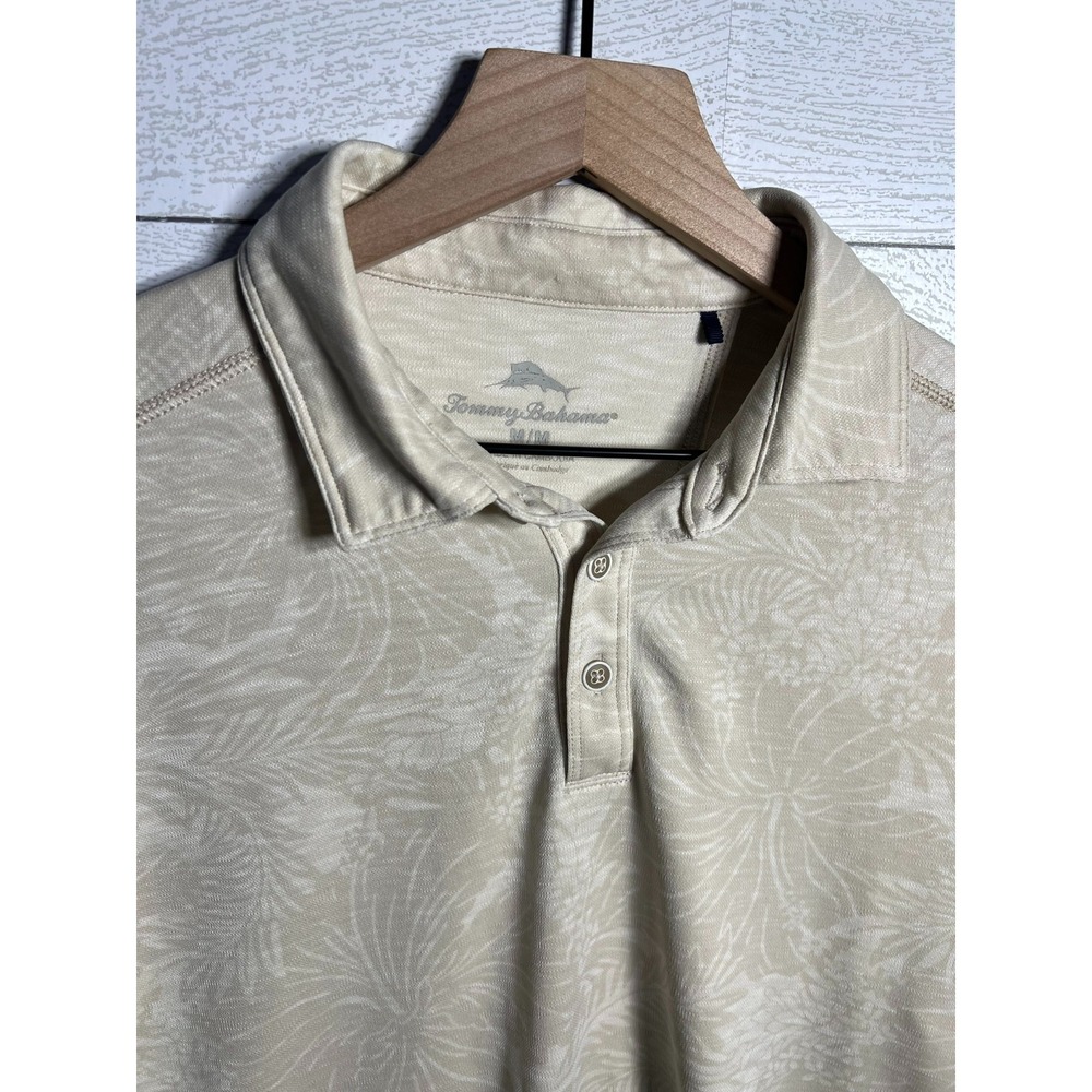 Tommy Bahama Mens M Beige Tencel Polo Shirt Short Sleeve Tropical Leaf Jacquard
